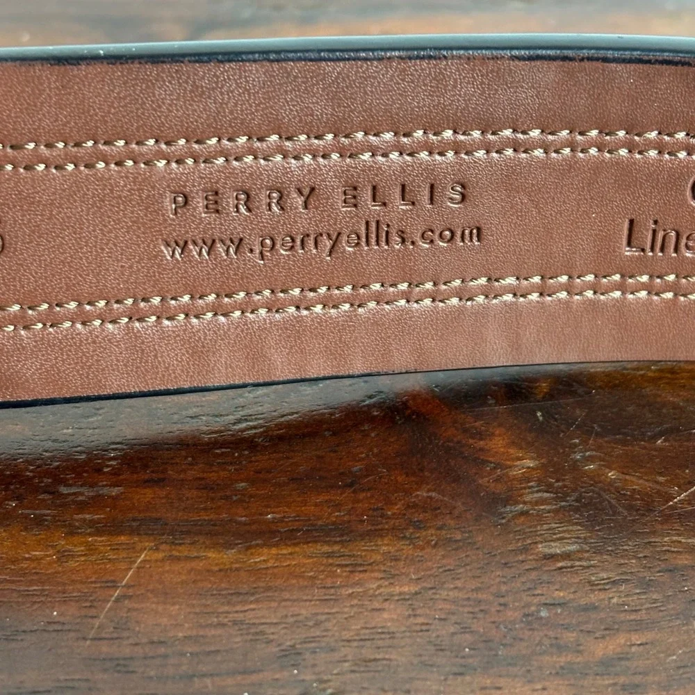 Perry‎ Ellis Mens Tan Leather Belt 34/85 Burnished Contrast Stitch 1P75906